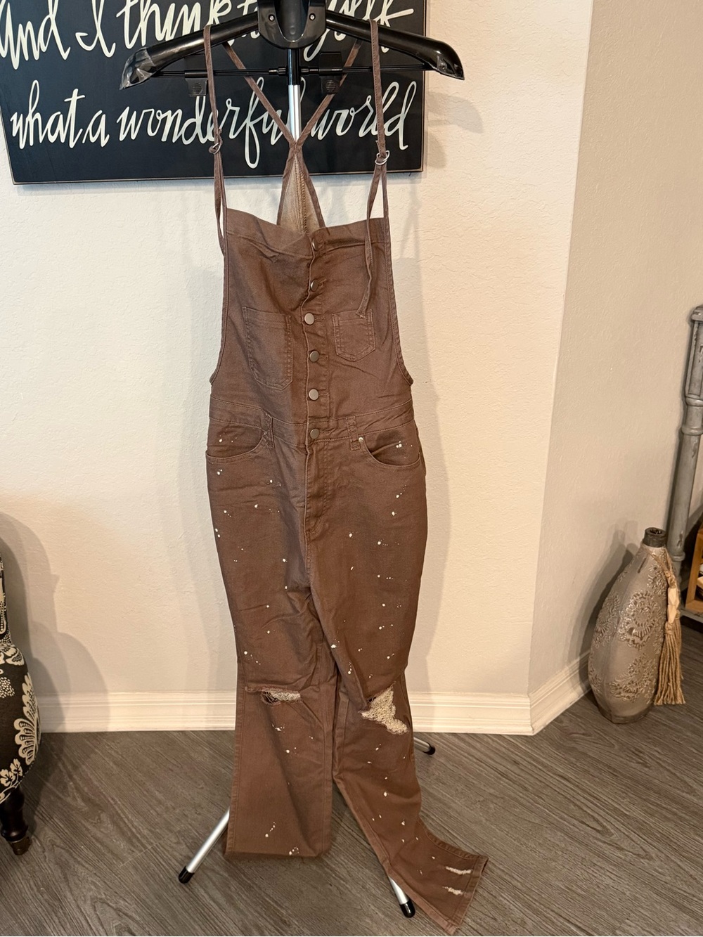 easel Brown Paint Splatter Distressed Overalls NWT